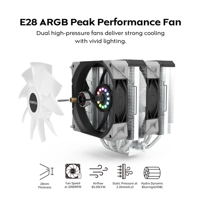 Alt view image 2 of 4 - MONTECH NX600 ARGB Dual-Tower CPU Air Cooler, 6 Heat Pipes, 2 Fans, Black | AMD AM5/AM4 & Intel LGA1851/1700 Socket Support, 160mm Height, Soldered Copper Base, Dual-Tower High-Airflow Cooling