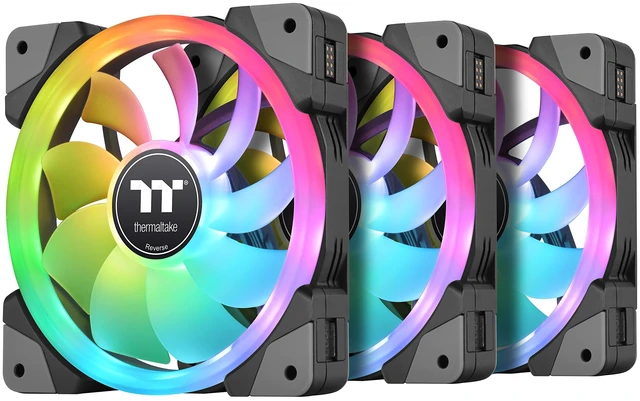 Main image of Thermaltake SWAFAN EX 12 RGB PC Desktop Cooling Fan, 3 Pack, 500-2000 RPM, Magnetic Connection, Reversable Blades, Controller Included, CL-F143-PL12SW-A,Black, 120mm