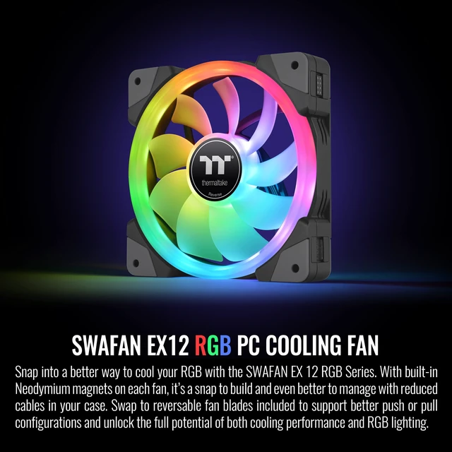 Alt view image 2 of 6 - Thermaltake SWAFAN EX 12 RGB PC Desktop Cooling Fan, 3 Pack, 500-2000 RPM, Magnetic Connection, Reversable Blades, Controller Included, CL-F143-PL12SW-A,Black, 120mm