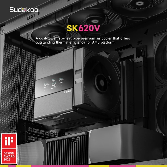 Alt view image 2 of 7 - Sudokoo SK620V CPU Air Cooler: 6 Heatpipes Dual Tower CPU Cooler with Digital Display for AM5 Exclusive - Black PC Cooler with 120mm FDB PWM Quiet Fans & Quick Lock Mount