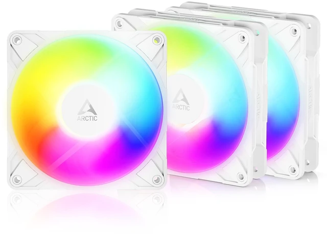 Main image of ARCTIC P12 Pro Reverse A-RGB 3 Pack 120 mm Premium Fan with Reverse Airflow, PWM Fan with Y Cable Splitter, 500-3000 RPM, 0 RPM <5% PWM, 5V Digital RGB, hydrodynamic Bearing, 4-Pin - White