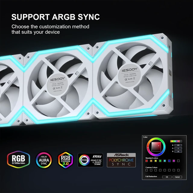 Alt view image 3 of 7 - Iesooy ARGB Cooling Fan, Modular Stackable Silent ARGB Fan, 5V 3-PIN Cable 1800RPM, Daisy Chain PWM RGB, 120mm PC Case Fan, ARGB Async/Sync for CPU Coolers White, Reverse, 3-Pack