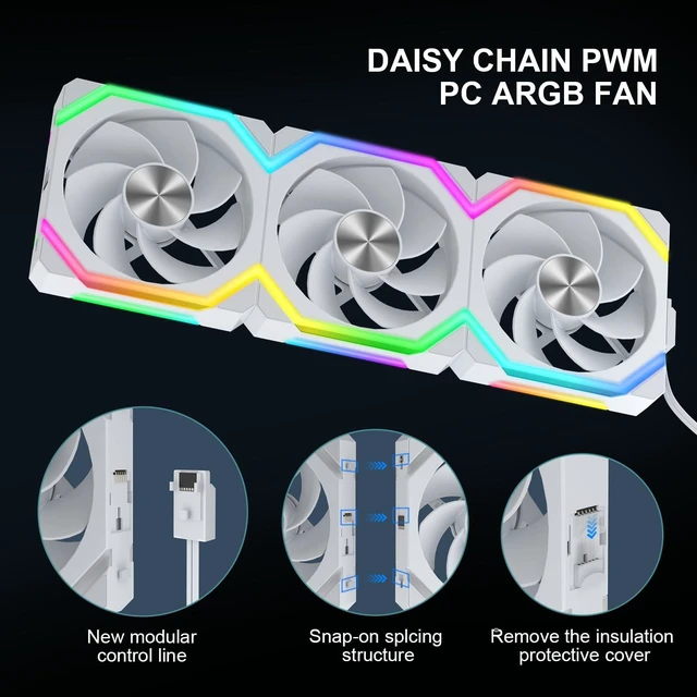 Alt view image 4 of 7 - Iesooy ARGB Cooling Fan, Modular Stackable Silent ARGB Fan, 5V 3-PIN Cable 1800RPM, Daisy Chain PWM RGB, 120mm PC Case Fan, ARGB Async/Sync for CPU Coolers White, Reverse, 3-Pack