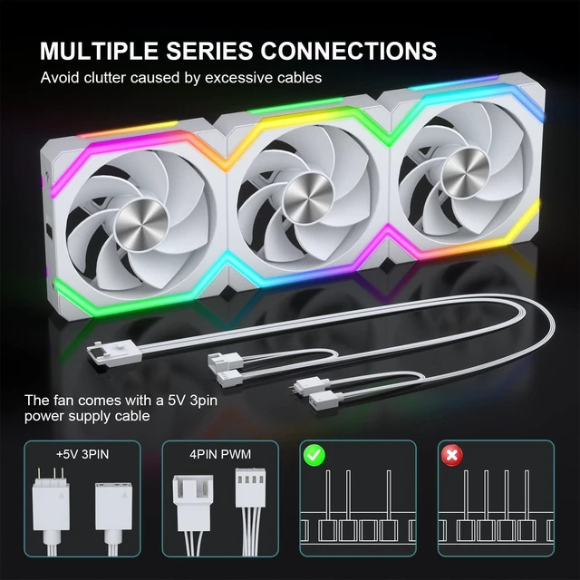 Alt view image 6 of 7 - Iesooy ARGB Cooling Fan, Modular Stackable Silent ARGB Fan, 5V 3-PIN Cable 1800RPM, Daisy Chain PWM RGB, 120mm PC Case Fan, ARGB Async/Sync for CPU Coolers White, Reverse, 3-Pack
