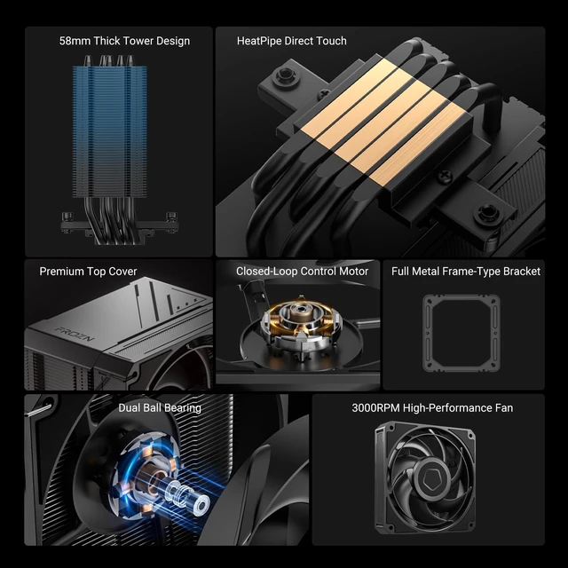 Alt view image 7 of 7 - IDCOOLING FROZN A510 Turbo CPU Air Cooler, Optimized for AM5/AM4, 240W TDP | Also Fits LGA1954/1851/1700/1200/115X, Five Ø6mm directtouch heatpipes, dualball bearing fan, max 3000RPM