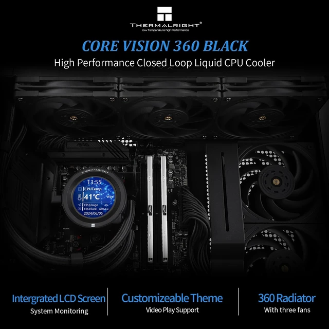 Alt view image 2 of 6 - Thermalright CORE Vision 360 Black CPU AIO Cooler,IPS LCD Screen with 480 * 480 Resolution,for AM5&Intel 1700/1851,High-Performance 360 Specs Water-Cooled Radiator with 2.1in Removable Display