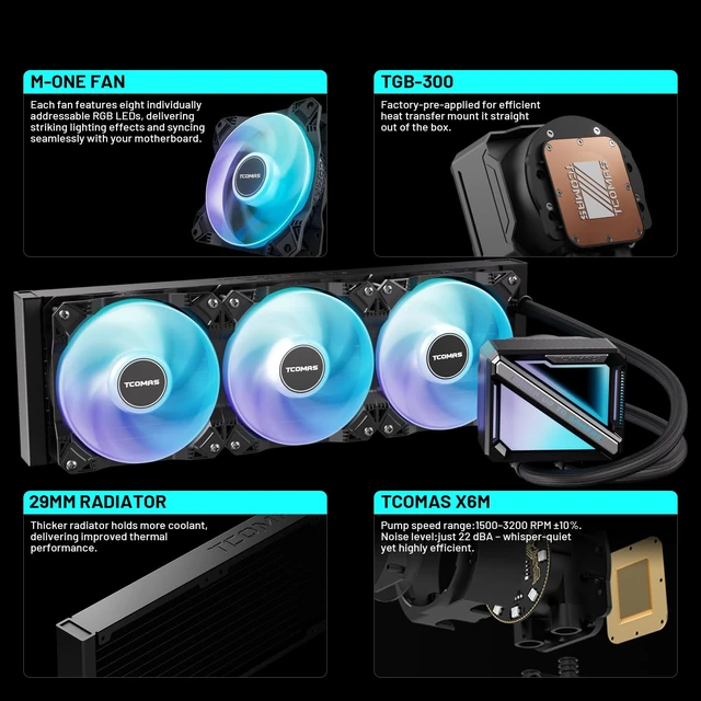 Alt view image 5 of 7 - 'TCOMAS LE200 360 ARGB Liquid CPU Cooler Signature Square ARGB Pump Design, Vibrant Lighting Effects, Supports Intel LGA 1851/1700 & AMD AM5/AM4 (Black, 360)