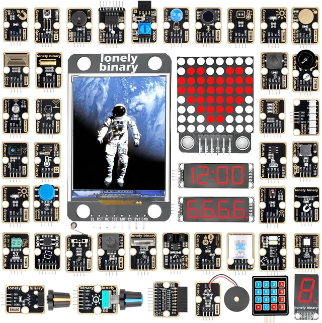 Main image of Lonely Binary 46-in-1 Sensor Kit for ESP32, Raspberry Pi Pico and STM32 | 46 labeled modules with TK part numbers and silkscreened pins. No soldering. Case included; wires and board not included.