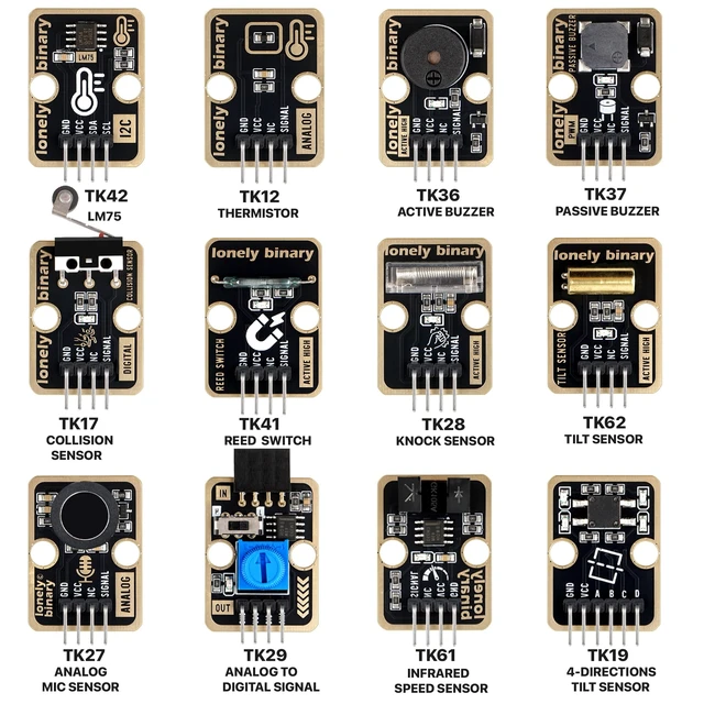 Alt view image 4 of 7 - Lonely Binary 46-in-1 Sensor Kit for ESP32, Raspberry Pi Pico and STM32 | 46 labeled modules with TK part numbers and silkscreened pins. No soldering. Case included; wires and board not included.