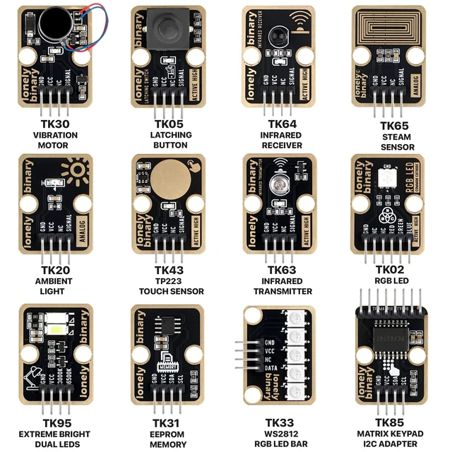 Alt view image 5 of 7 - Lonely Binary 46-in-1 Sensor Kit for ESP32, Raspberry Pi Pico and STM32 | 46 labeled modules with TK part numbers and silkscreened pins. No soldering. Case included; wires and board not included.