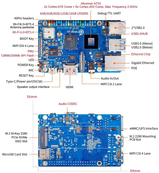 Alt view image 4 of 7 - Orange Pi 4 Pro 4GB LPDDR5 8 Core 64 Bit Single Board Computer, 3TOPS AI NPU Allwinner A733 WiFi 6 & Bluetooth 5.4 Frequency 2.0GHz Mini PC Run Android, Linux, Orange Pi OS
