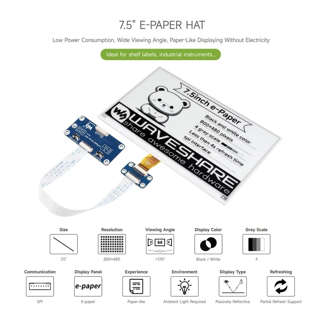 Alt view image 3 of 7 - Waveshare 7.5inch E-Ink Display HAT for Raspberry Pi 800×480 Resolution with Embedded Controller Communicating via SPI interface Supports Raspberry Pi Series Boards and Jetson Nano