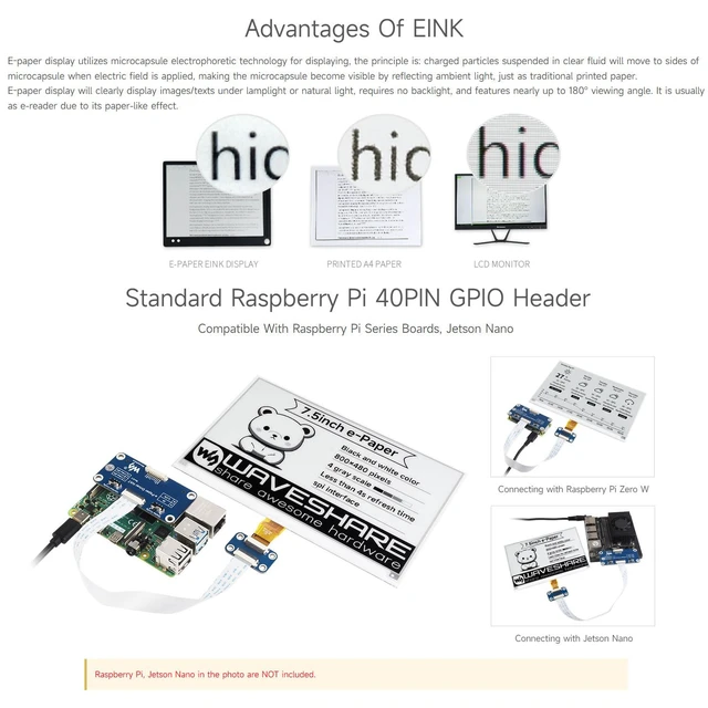 Alt view image 5 of 7 - Waveshare 7.5inch E-Ink Display HAT for Raspberry Pi 800×480 Resolution with Embedded Controller Communicating via SPI interface Supports Raspberry Pi Series Boards and Jetson Nano