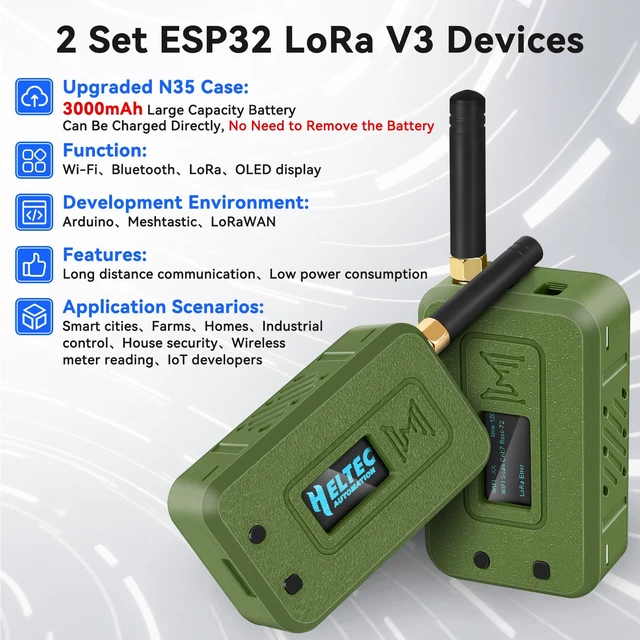 Alt view image 2 of 7 - Meshnology 2 Set ESP32 LoRa V3 Module Board with 915 MHz Antenna + 3000mAh Battery + Case - WiFi Blue Tooth SX1262 CP2102 0.96 OLED Display Type C for Ar duino Meshtastic IoT (N35, Green)