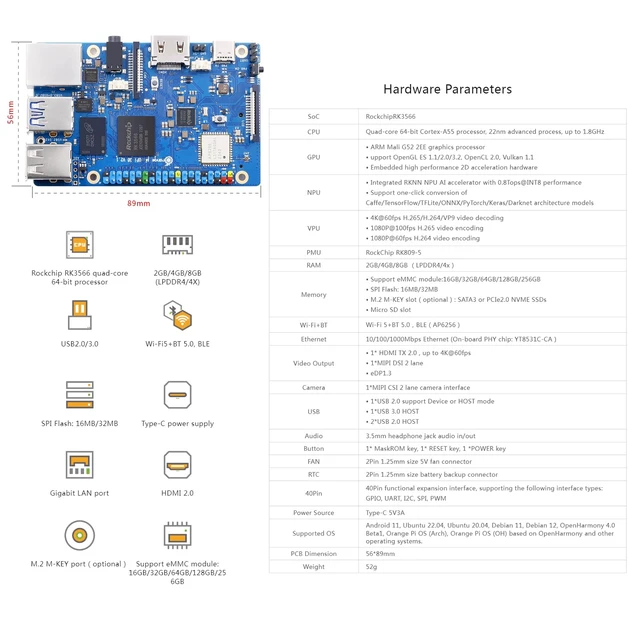 Alt view image 2 of 7 - Orange Pi 3B 4G V2.1 Version RK3566 Quad Core 64 Bit Single Board Computer, 1.8 GHz Frequency WiFi Bluetooth Open Source Board Run Orange Pi OS, Android, Debian, Ubuntu, OpenHarmony (Pi 3B 4GB)