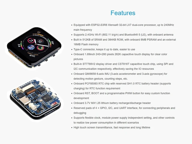 Alt view image 3 of 7 - ESP32-S3 MCU Board with 1.69inch LCD Touch Display, 240×280 Pixels 262K Color, Support 2.4GHz Wi-Fi & Bluetooth 5, 32-Bit LX7 Dual-Core Processor