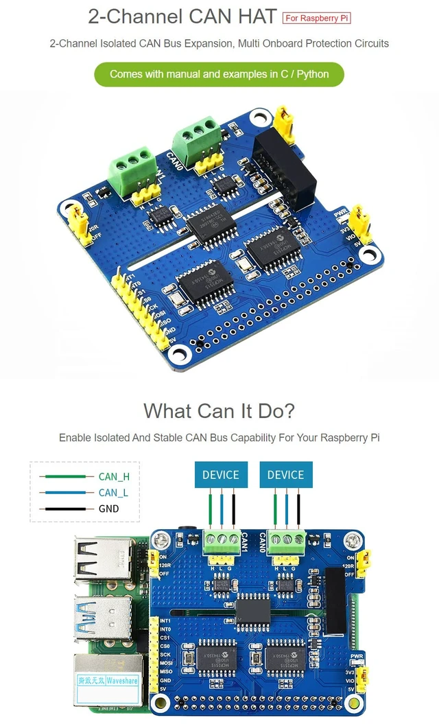 Alt view image 3 of 7 - Waveshare 2-Channel Isolated CAN Bus Expansion HAT, Compatible with Raspberry Pi 5/4B/3B/Zero/Zero W/Zero 2W/Pico/Pico W/Pico WH,MCP2515 + SN65HVD230 Dual Chips Solution, Multi Protection Circuits