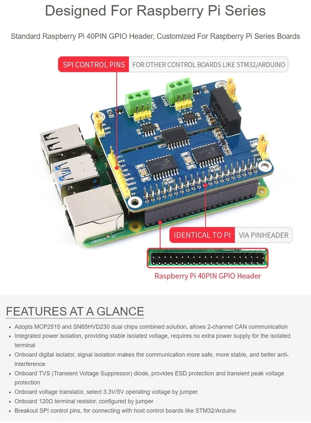 Alt view image 4 of 7 - Waveshare 2-Channel Isolated CAN Bus Expansion HAT, Compatible with Raspberry Pi 5/4B/3B/Zero/Zero W/Zero 2W/Pico/Pico W/Pico WH,MCP2515 + SN65HVD230 Dual Chips Solution, Multi Protection Circuits