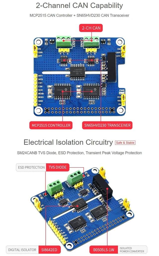 Alt view image 5 of 7 - Waveshare 2-Channel Isolated CAN Bus Expansion HAT, Compatible with Raspberry Pi 5/4B/3B/Zero/Zero W/Zero 2W/Pico/Pico W/Pico WH,MCP2515 + SN65HVD230 Dual Chips Solution, Multi Protection Circuits