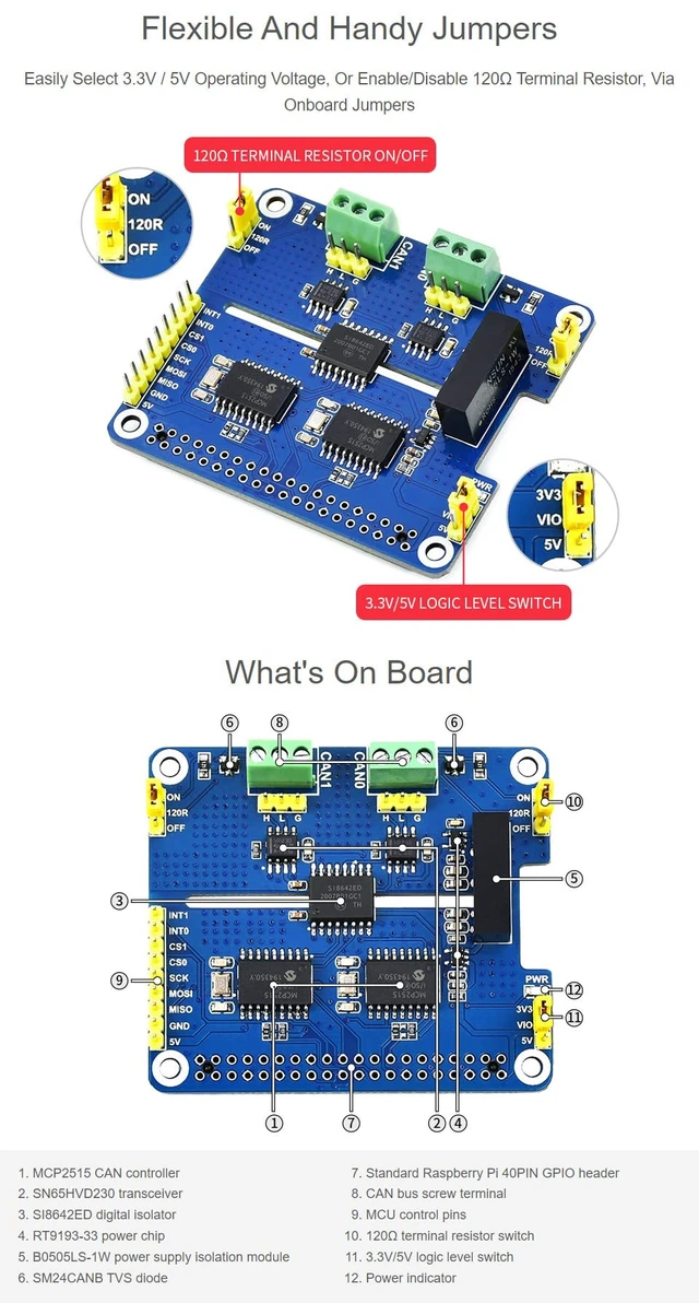 Alt view image 6 of 7 - Waveshare 2-Channel Isolated CAN Bus Expansion HAT, Compatible with Raspberry Pi 5/4B/3B/Zero/Zero W/Zero 2W/Pico/Pico W/Pico WH,MCP2515 + SN65HVD230 Dual Chips Solution, Multi Protection Circuits