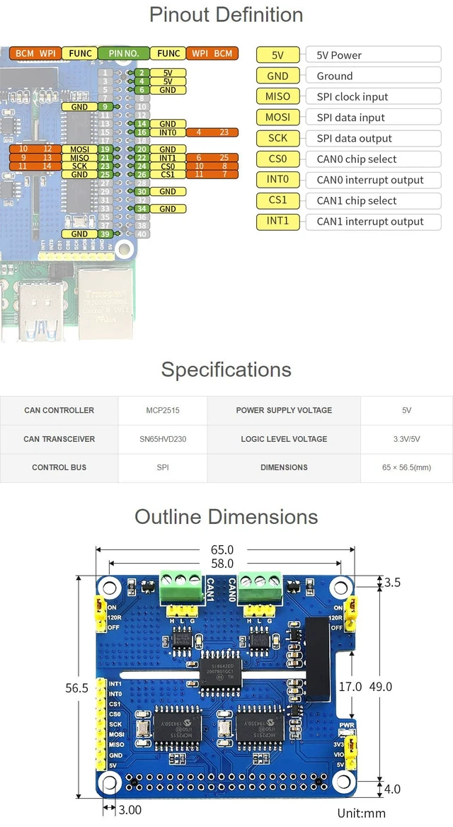 Alt view image 7 of 7 - Waveshare 2-Channel Isolated CAN Bus Expansion HAT, Compatible with Raspberry Pi 5/4B/3B/Zero/Zero W/Zero 2W/Pico/Pico W/Pico WH,MCP2515 + SN65HVD230 Dual Chips Solution, Multi Protection Circuits