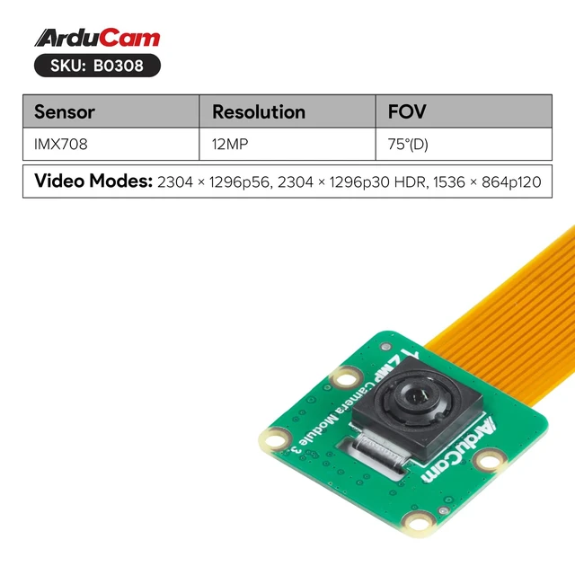Alt view image 2 of 7 - Arducam for Raspberry Pi Camera Module 3, 12MP IMX708 75°(D) Fixed Focus Pi Camera V3, for Raspberry Pi 5/4B/3B+, Zero