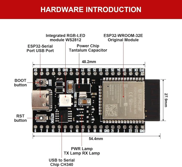Alt view image 2 of 7 - 2 Pack ESP32-DevKitC-32E Development Board for IoT Smart Home/Industrial Control, Dual-Core 240MHz Wi-Fi + Bluetooth 5.0 with USB-C, Original ESP32-WROOM-32E Module (Arduino/Python/IDF) (8M)