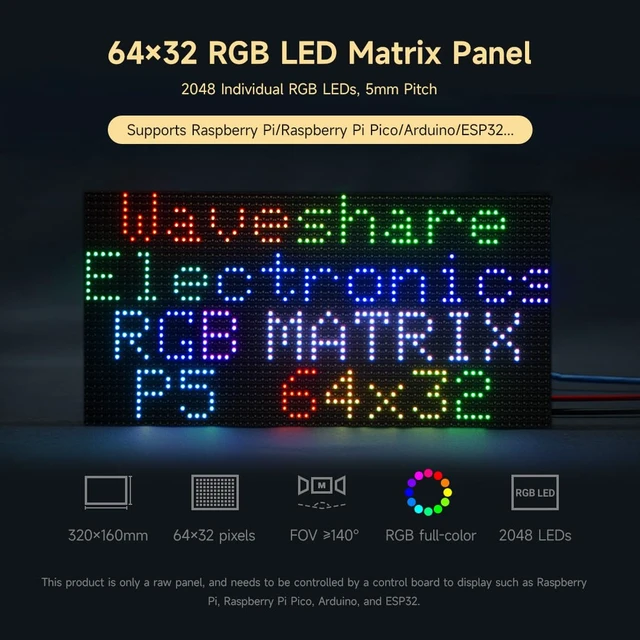 Alt view image 3 of 7 - Waveshare RGB Full-Color LED Matrix Panel, 5mm Pitch, 64×32 Pixels, Adjustable Brightness, Compatible with Raspberry Pi 5/4B/3B/Zero/Zero W/Zero 2W/Pico/Pico W/Pico WH/ESP32