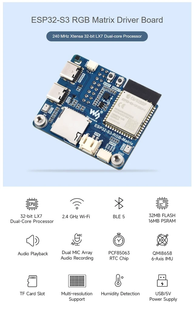 Alt view image 4 of 7 - LED Matrix Controller Board, ESP32-S3 RGB Matrix Driver for HUB75 Panels, Dual Microphones, TF Card Slot, RTC, IMU Sensor, Audio Codec, LVGL Development Board