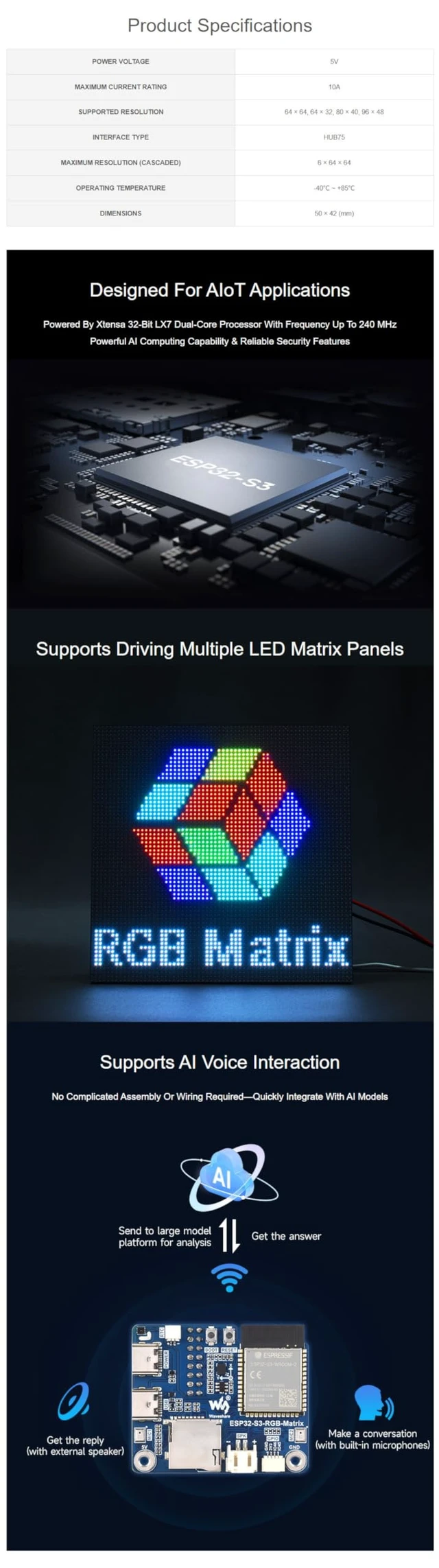 Alt view image 5 of 7 - LED Matrix Controller Board, ESP32-S3 RGB Matrix Driver for HUB75 Panels, Dual Microphones, TF Card Slot, RTC, IMU Sensor, Audio Codec, LVGL Development Board