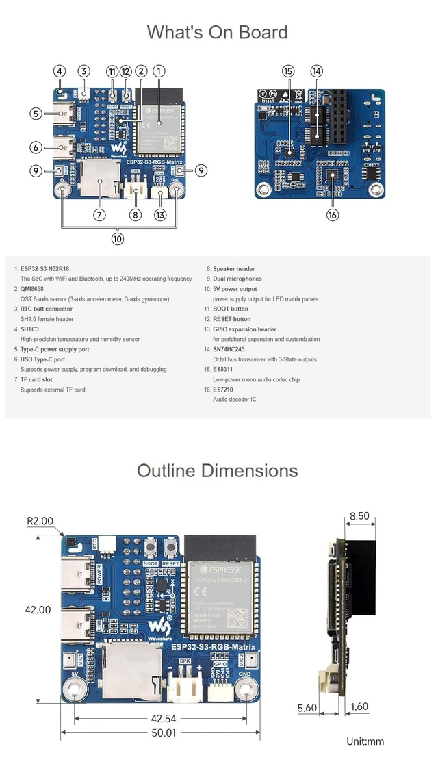 Alt view image 7 of 7 - LED Matrix Controller Board, ESP32-S3 RGB Matrix Driver for HUB75 Panels, Dual Microphones, TF Card Slot, RTC, IMU Sensor, Audio Codec, LVGL Development Board
