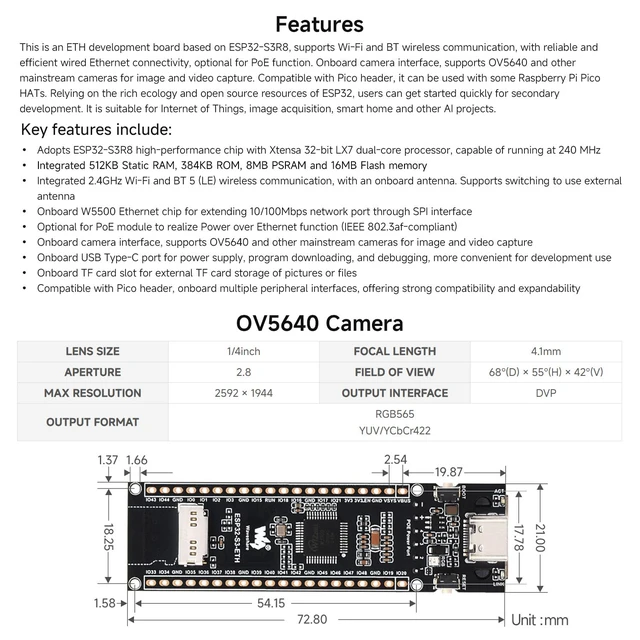 Alt view image 4 of 7 - Waveshare ESP32-S3 ETH Development Board Microcontroller, 10/100Mbps RJ45 Ethernet Port, W-F & BT Support, 240MHz Dual Core Processor, Onboard Type-C Port and TF Card Slot, OV2640 Camera+PoE Module