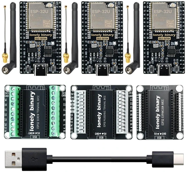 Main image of Lonely Binary 3-Pack ESP32 IPEX Antenna WiFi BT 3 Bases for C++ | Dual Core WiFi Bluetooth MCU, Screw & Non-Screw Expansion Boards, Type C Compatible with C++