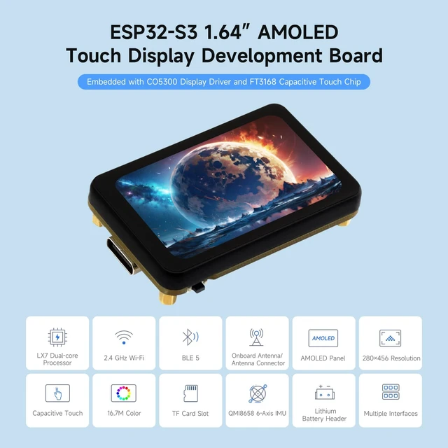 Alt view image 3 of 7 - Waveshare ESP32-S3 1.64inch AMOLED Touch Display Development Board, 280×456, QSPI Interface, 32-bit LX7 Dual-core Processor, Accelerometer & Gyroscope, ESP32 with Display