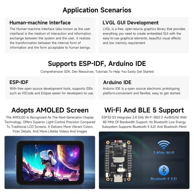 Alt view image 5 of 7 - Waveshare ESP32-S3 1.64inch AMOLED Touch Display Development Board, 280×456, QSPI Interface, 32-bit LX7 Dual-core Processor, Accelerometer & Gyroscope, ESP32 with Display