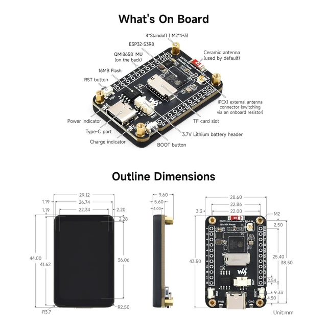 Alt view image 7 of 7 - Waveshare ESP32-S3 1.64inch AMOLED Touch Display Development Board, 280×456, QSPI Interface, 32-bit LX7 Dual-core Processor, Accelerometer & Gyroscope, ESP32 with Display