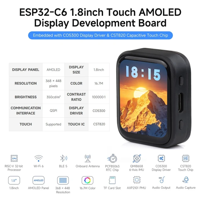 Alt view image 3 of 7 - Waveshare ESP32-C6 1.8inch Touch AMOLED Display Development Board, 368 × 448 Resolution, Supports Wi-F 6, BLE 5 and Zigbee,No Batt