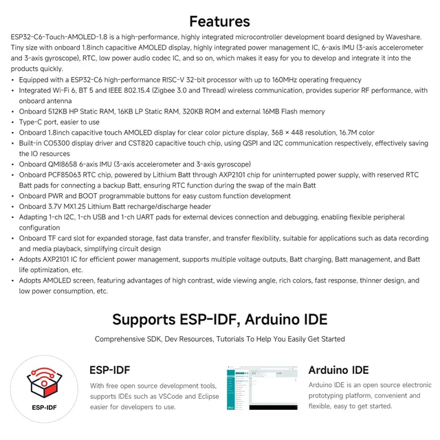 Alt view image 4 of 7 - Waveshare ESP32-C6 1.8inch Touch AMOLED Display Development Board, 368 × 448 Resolution, Supports Wi-F 6, BLE 5 and Zigbee,No Batt