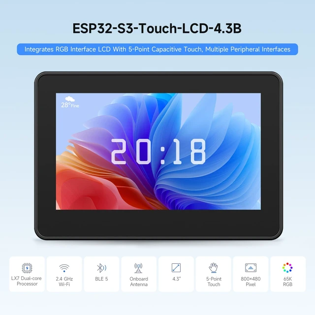 Alt view image 3 of 7 - Waveshare ESP32-S3 4.3inch Capacitive Touch Display Development Board B, 800×480 Resolution, 5-Point Touch, 32-Bit LX7 Dual-Core Processor, Up to 240MHz Frequency, with Onboard Antenna