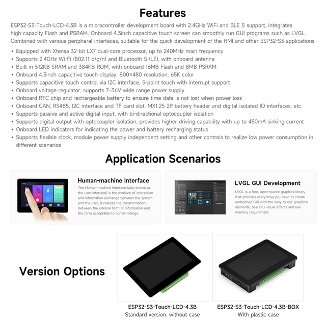 Alt view image 4 of 7 - Waveshare ESP32-S3 4.3inch Capacitive Touch Display Development Board B, 800×480 Resolution, 5-Point Touch, 32-Bit LX7 Dual-Core Processor, Up to 240MHz Frequency, with Onboard Antenna