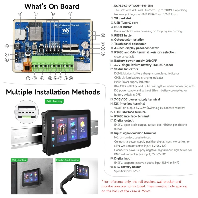 Alt view image 7 of 7 - Waveshare ESP32-S3 4.3inch Capacitive Touch Display Development Board B, 800×480 Resolution, 5-Point Touch, 32-Bit LX7 Dual-Core Processor, Up to 240MHz Frequency, with Onboard Antenna
