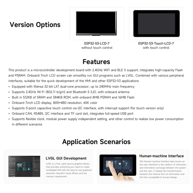 Alt view image 4 of 7 - Waveshare ESP32-S3 7inch Capacitive Touch LCD Development Board, ESP32 with Display, 800×480, 5-Point Touch, Up to 240MHz Frequency, Supports WiFi & Bluetooth, with Onboard Antenna