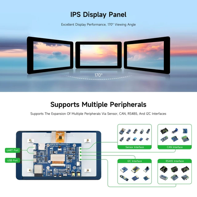 Alt view image 5 of 7 - Waveshare ESP32-S3 7inch Capacitive Touch LCD Development Board, ESP32 with Display, 800×480, 5-Point Touch, Up to 240MHz Frequency, Supports WiFi & Bluetooth, with Onboard Antenna