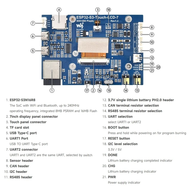 Alt view image 6 of 7 - Waveshare ESP32-S3 7inch Capacitive Touch LCD Development Board, ESP32 with Display, 800×480, 5-Point Touch, Up to 240MHz Frequency, Supports WiFi & Bluetooth, with Onboard Antenna