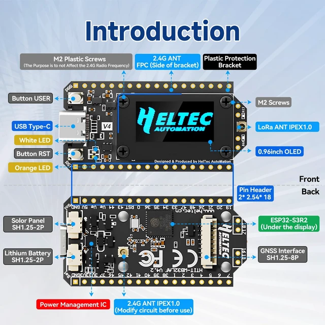 Alt view image 4 of 7 - Meshnology 2Pcs ESP32 LoRa V4 Development Board ESP32-S3 SX1262 LoRa Module | 0.96" OLED Display WiFi Bluetooth 2MB PSRAM 16MB Flash Supports GPS Solar LoRa Antenna for AR duino Meshtastic LoRaWAN IOT