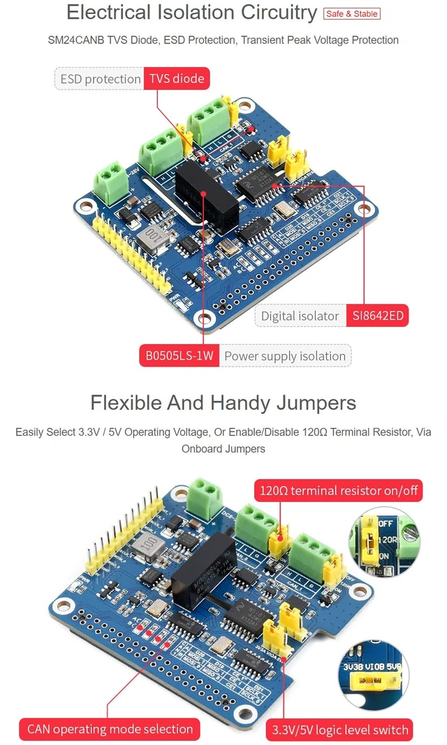 Alt view image 6 of 7 - Waveshare CAN FD Expansion HAT Compatible with Raspberry Pi 2-Channel Isolated