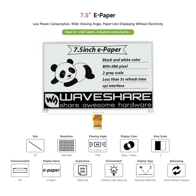 Alt view image 3 of 7 - Waveshare 7.5inch E-Ink Raw Display Compatible with Raspberry Pi 5/4B/3B/Zero/Zero W/Zero 2W/Pico/Pico W/Pico WH 800×480 Resolution with SPI Interface Without PCB