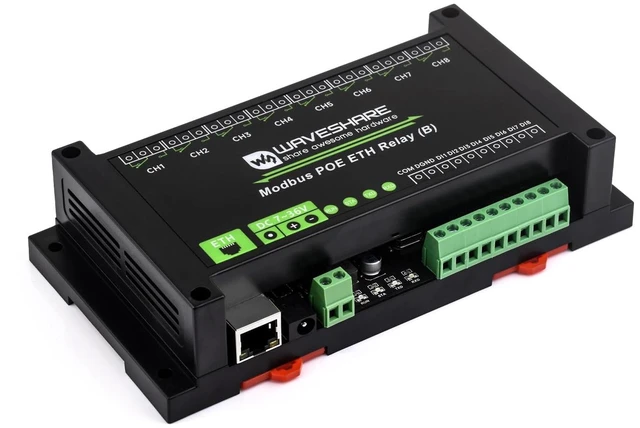 Main image of Waveshare 8-Ch Ethernet Relay Module (B) with Digital Input, Modbus RTU/Modbus TCP Protocol, PoE Port Communication, with Various Isolation and Protection Circuits, Industrial Grade Rail-Mount Case