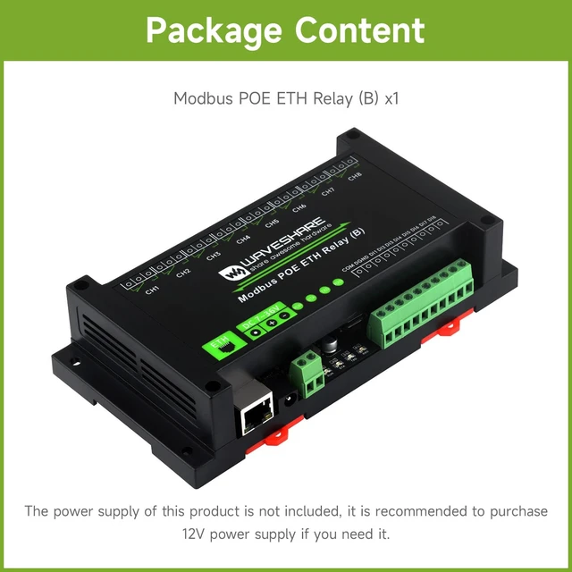 Alt view image 2 of 7 - Waveshare 8-Ch Ethernet Relay Module (B) with Digital Input, Modbus RTU/Modbus TCP Protocol, PoE Port Communication, with Various Isolation and Protection Circuits, Industrial Grade Rail-Mount Case