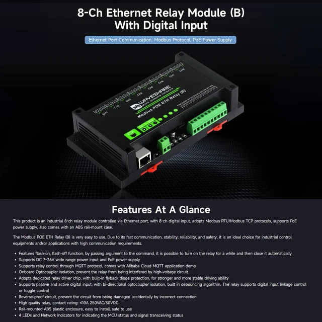 Alt view image 3 of 7 - Waveshare 8-Ch Ethernet Relay Module (B) with Digital Input, Modbus RTU/Modbus TCP Protocol, PoE Port Communication, with Various Isolation and Protection Circuits, Industrial Grade Rail-Mount Case